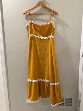 Amazon Mustard Midi Dress with White Ric Rac Trim